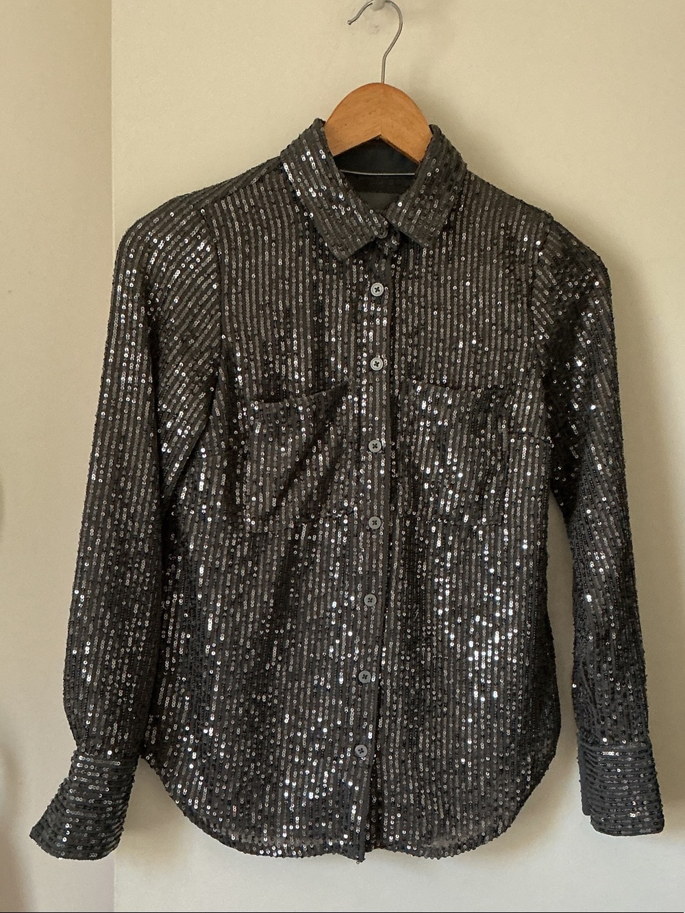 Women’s Black Sequin Button-Up Shirt.by ANTHROPOLOGIE